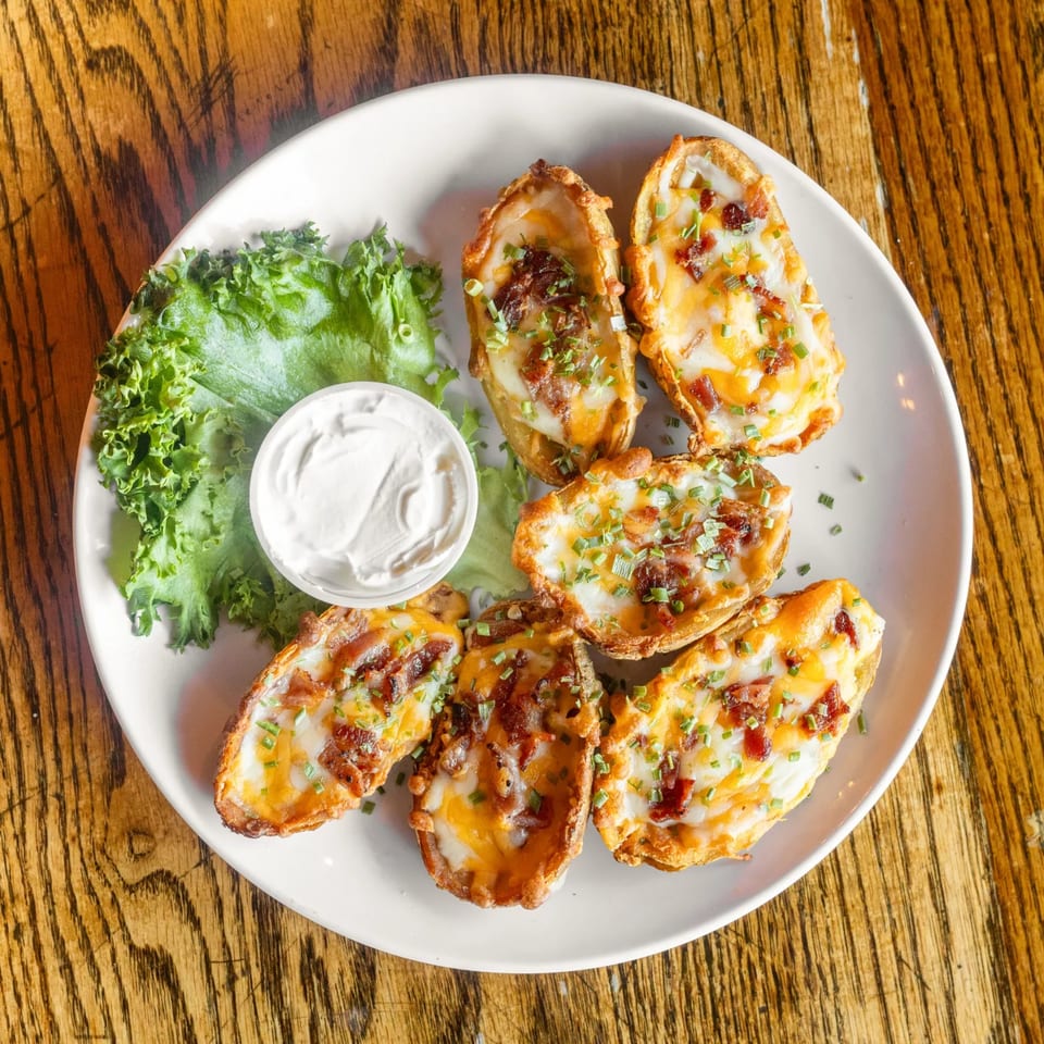 A plate of potato skins topped with melted cheese, bacon, and chives, served with sour cream and lettuce.