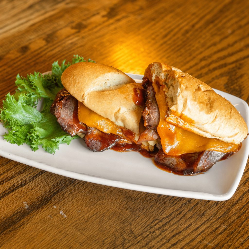 Spicy Smoked Brisket and Cheddar Sandwich.
